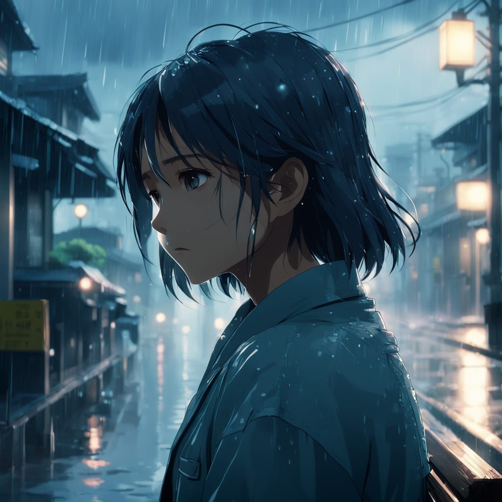 Melancholic Girl Surrounded by Rainy Streets in Soft Focus