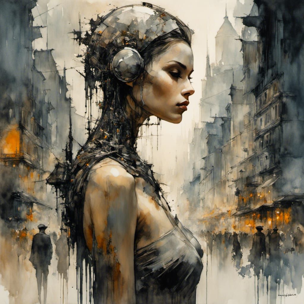 Cyborg Woman Gazing into Future in Busy City