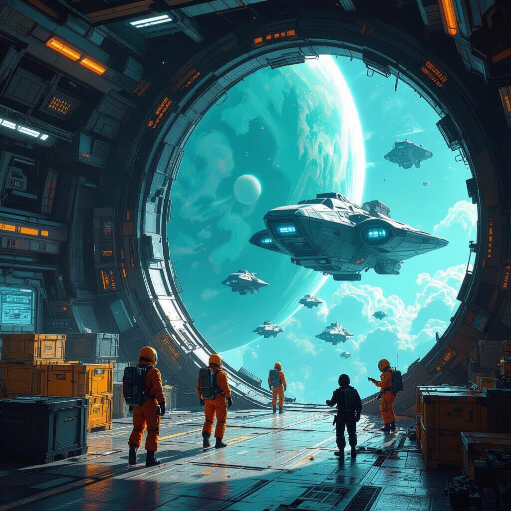 Vibrant Starship Mecha Bay in Space