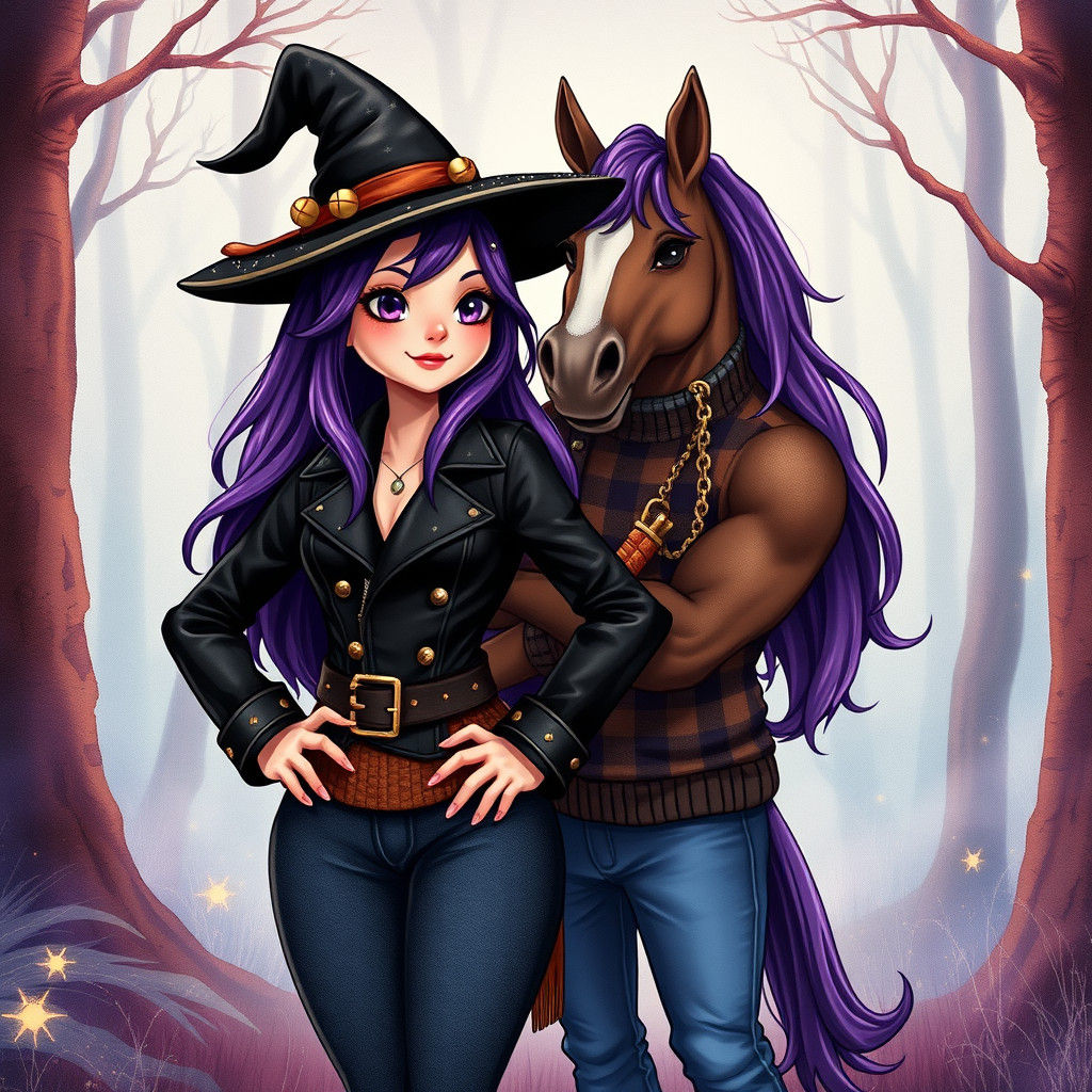 Enchanting Witch and Centaur Embrace in Mystical Forest