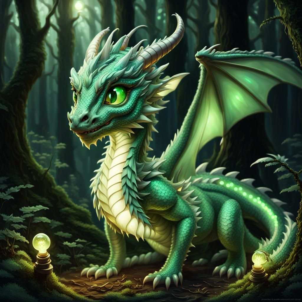 Adorable Green Forest Dragon with Glowing Bulb, 3D
