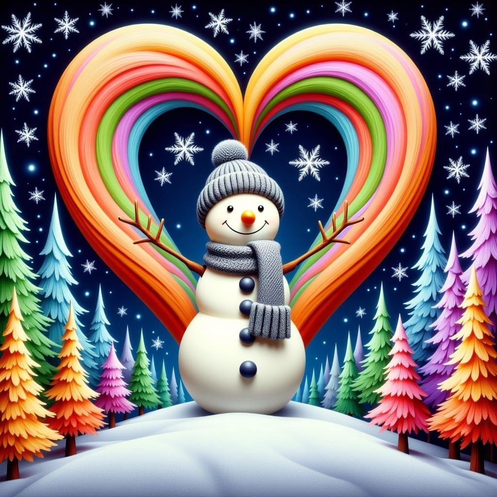 Whimsical Snowman in Vibrant, Swirling Heart Scene