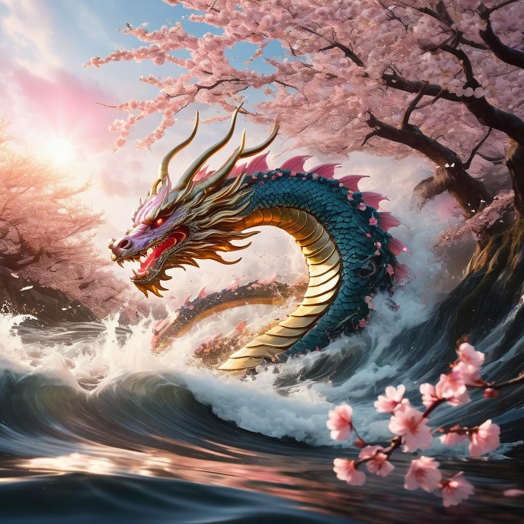 Ukiyo-e Dragon Ascending from Waves with Cherry Blossoms