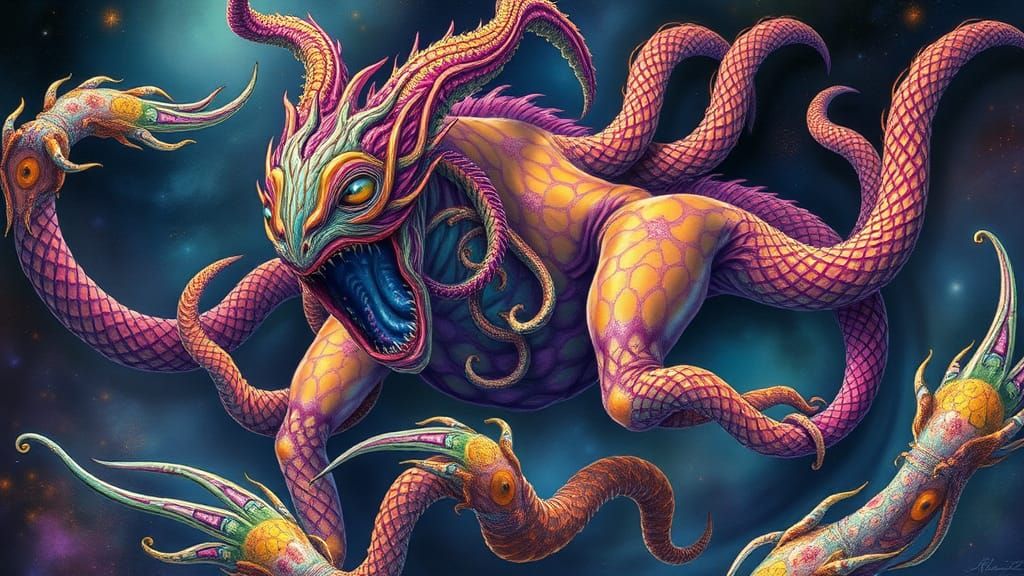 Shape-Shifting Creature in Cosmic Realm, Surreal Digital Art