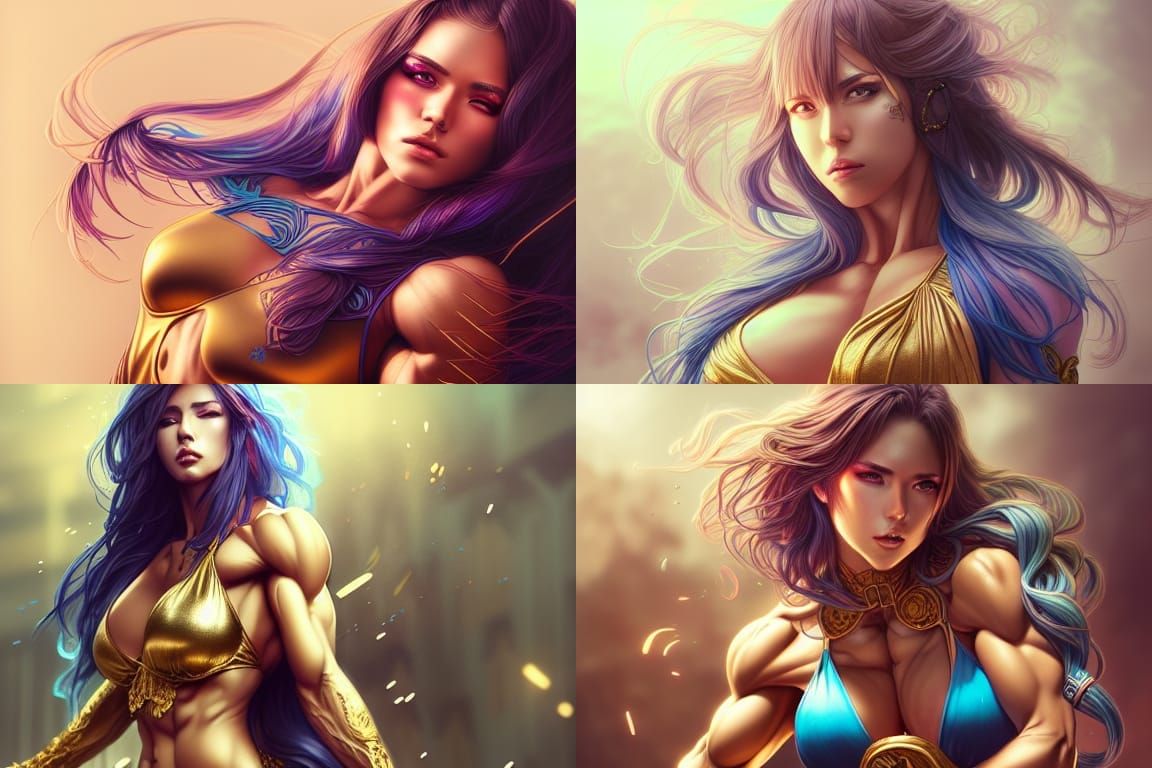 Anime-Style Bodybuilder with Blue Hair and Gold Eyes