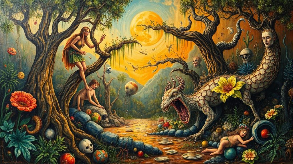 Surreal Garden of Eden in Warm, Textural Oil Paint