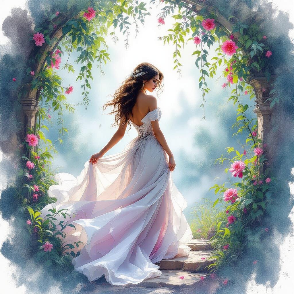 Ethereal Woman in Dreamy Watercolor Landscape