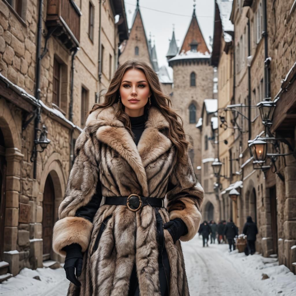 Woman in Fur Coat in Medieval Winter Street