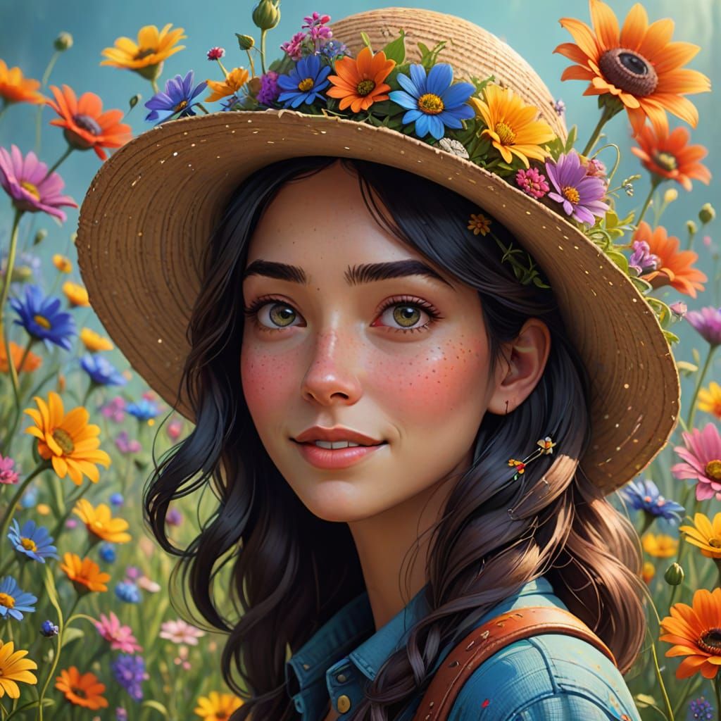 Whimsical Young Woman in Wildflower Hat, Pixar Style