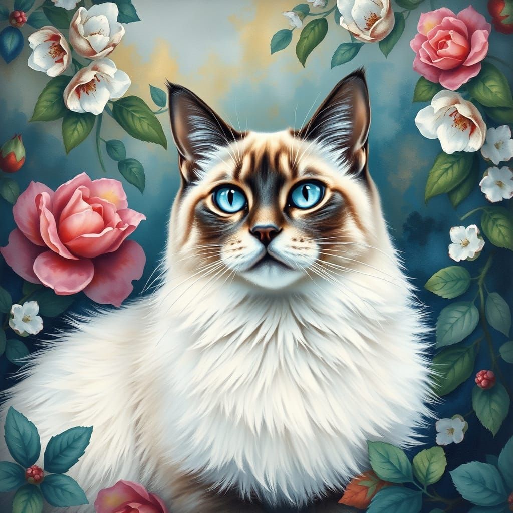 Regal Birman Cat in Impressionist Landscape