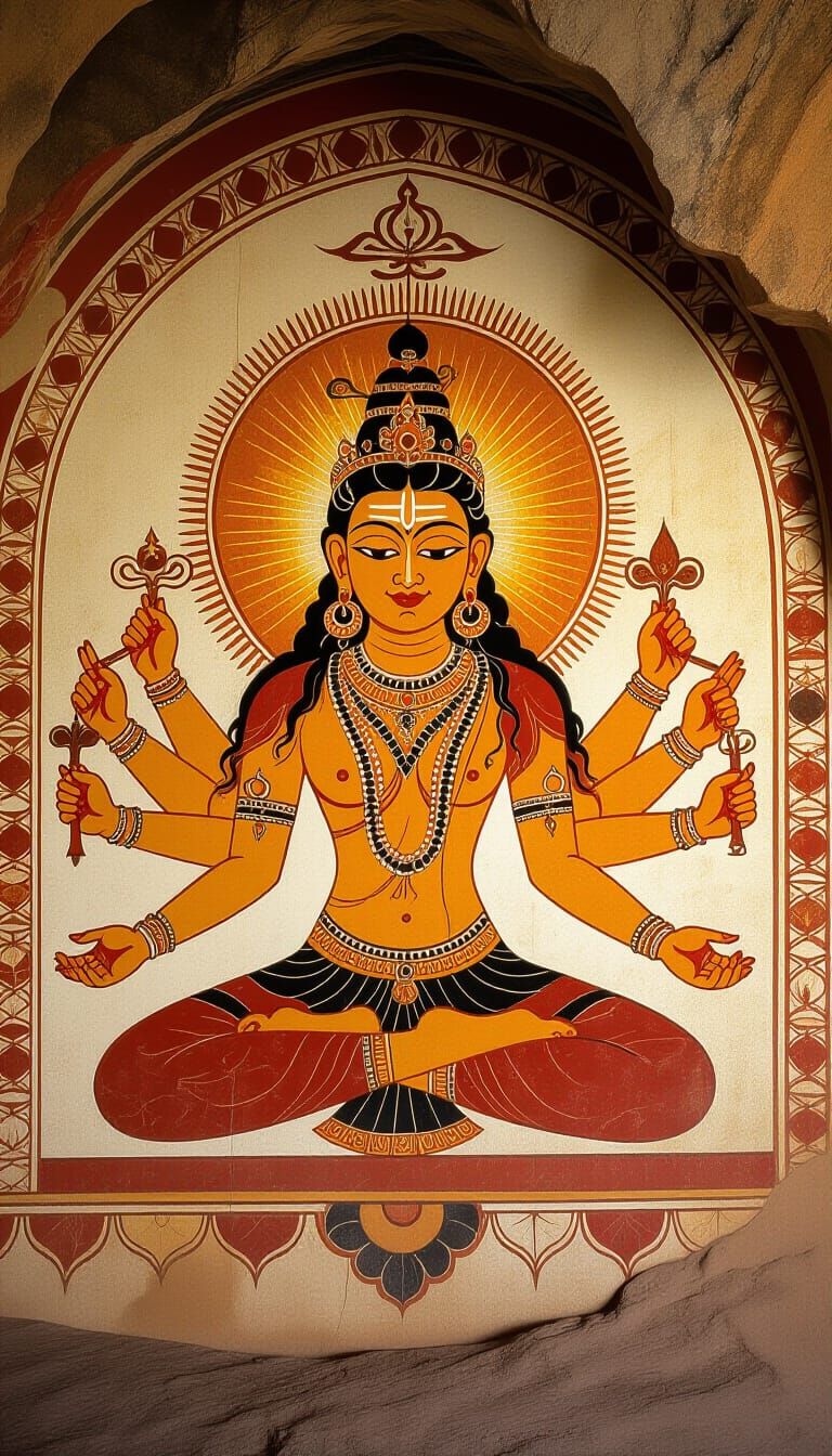 Mystical Cave Painting of Meditating Multi-Armed Deity