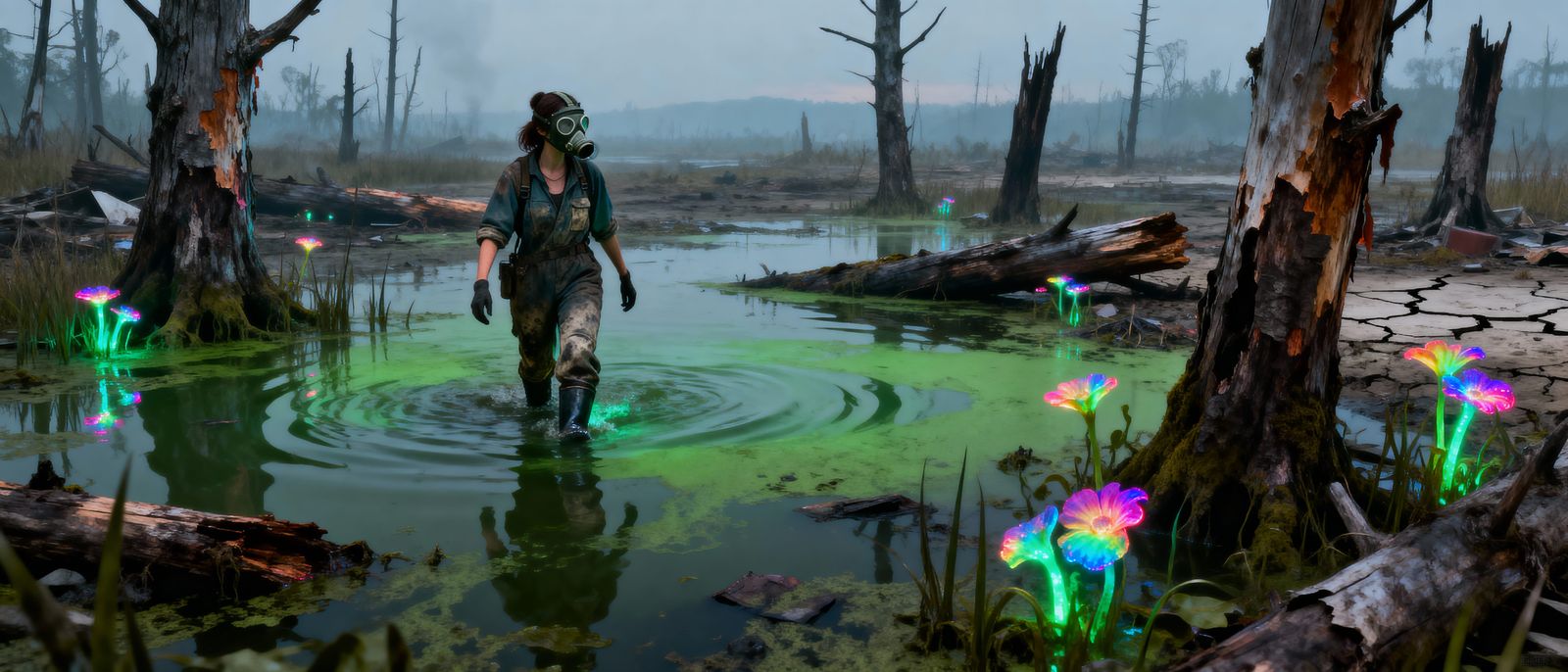 Post-Apocalyptic Swamp Blooms with Glowing Floral Life