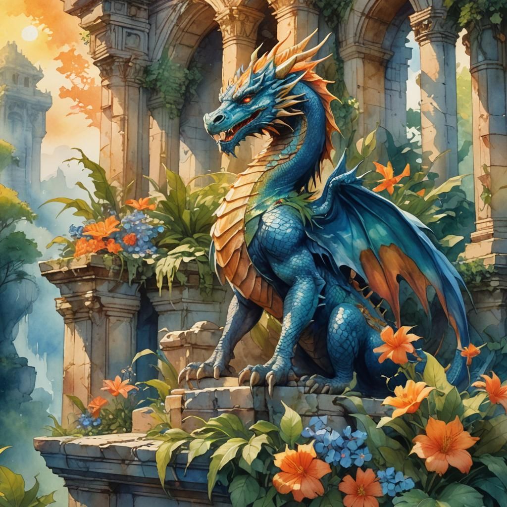 Mythical Dragon on Ancient Temple: Watercolour Concept Art