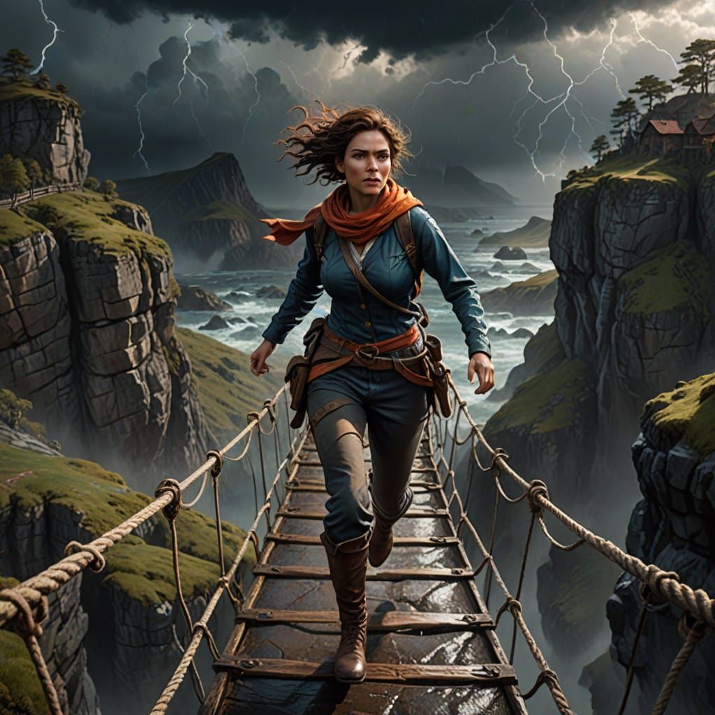 Epic Fantasy Heroine Braves Stormy Chasm on Ropeway