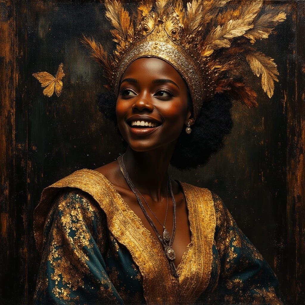 Baroque Portrait of an African Queen in Feathered Hat