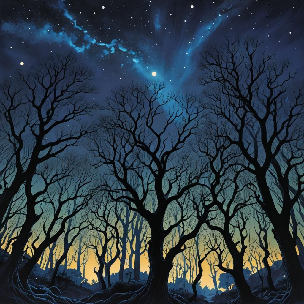 Surreal Nighttime Landscape with Starry Sky