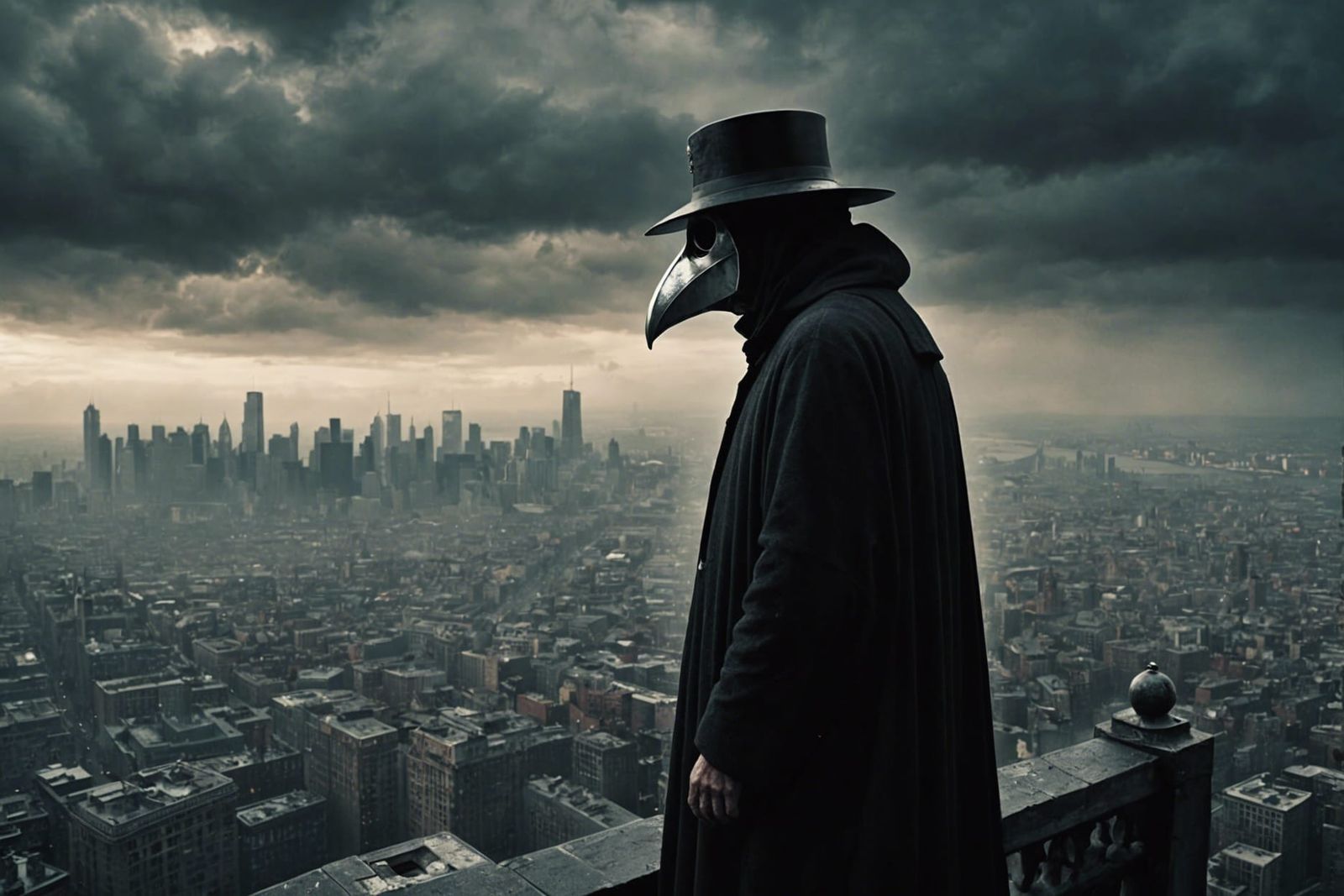 Plague Doctor Overlooking Cloudy Cityscape