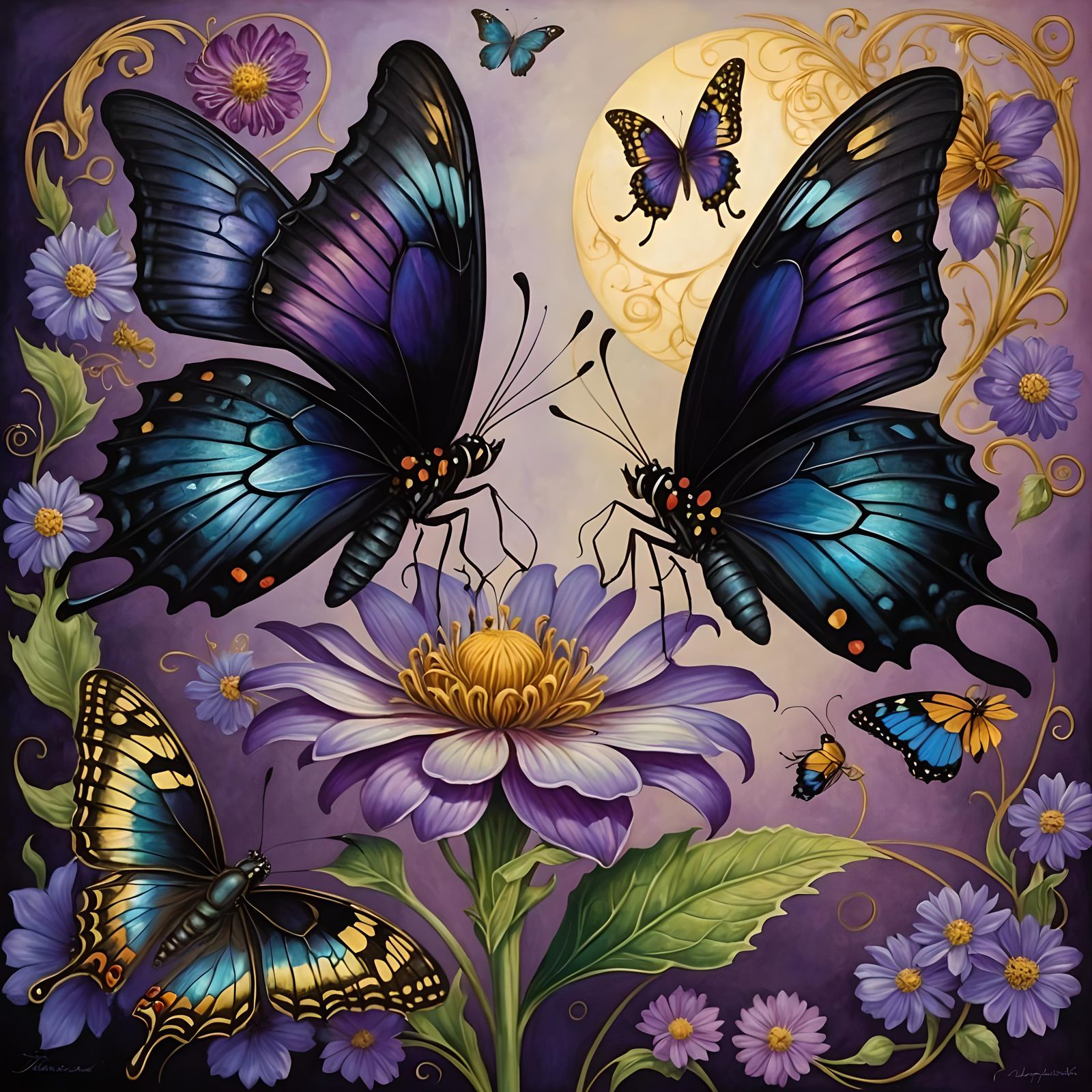Two Beautiful Butterflies on Purple Flower