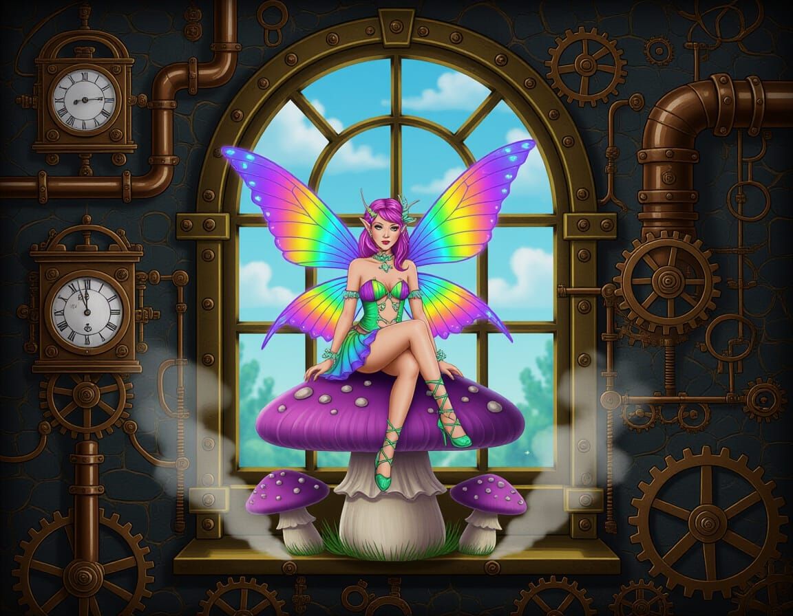 Synthwave Fairy on Mushroom in Steampunk Building