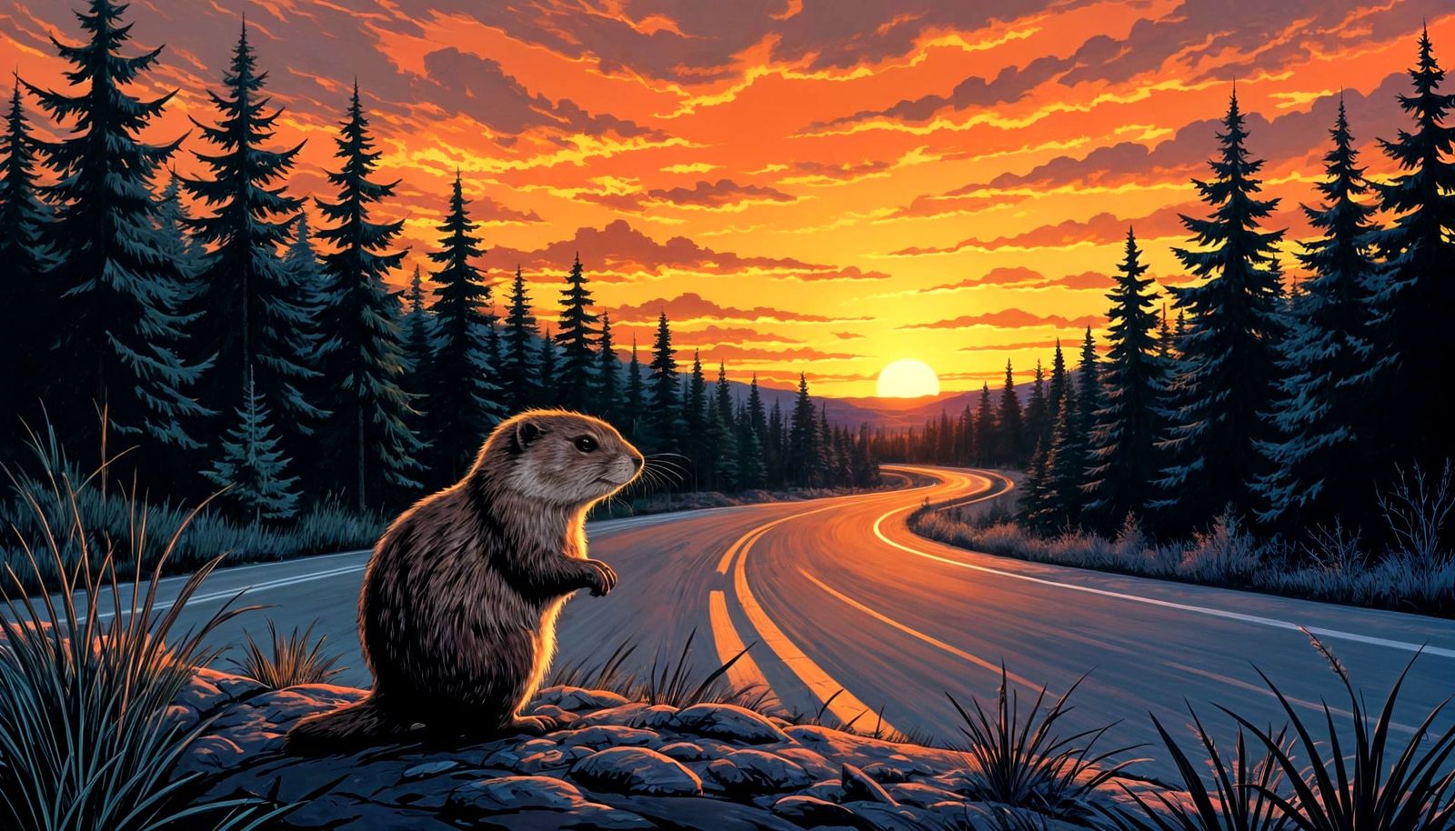 A gopher  stands alongside of a two-lane highway winding it’...