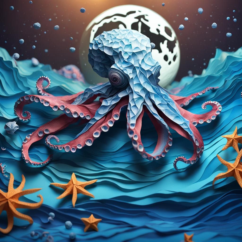 Hyperrealistic Octopus Reaching for Moon in Origami Style
