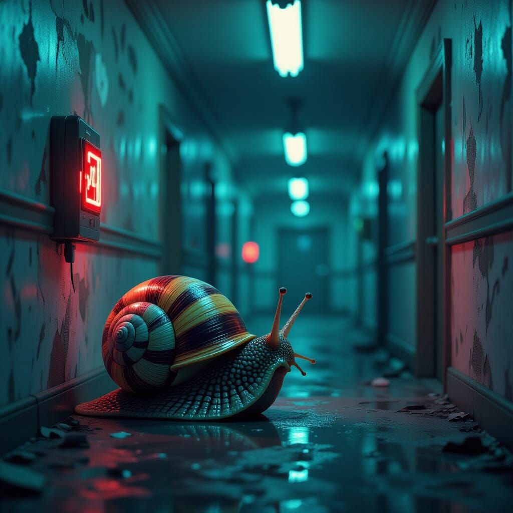 Snail Explorer in Neon Jacket, Retro-Futuristic Backrooms