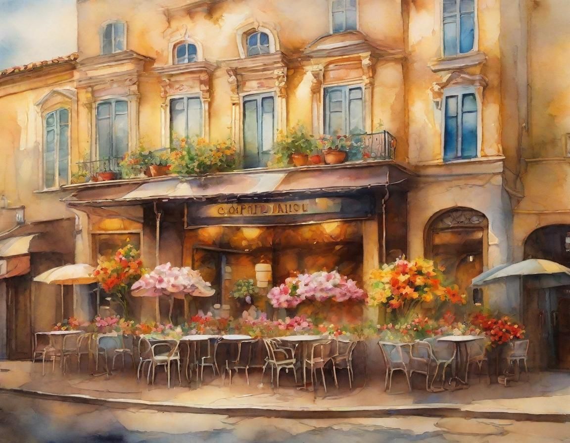 Surreal Cafe with Flowers in Watercolor Style