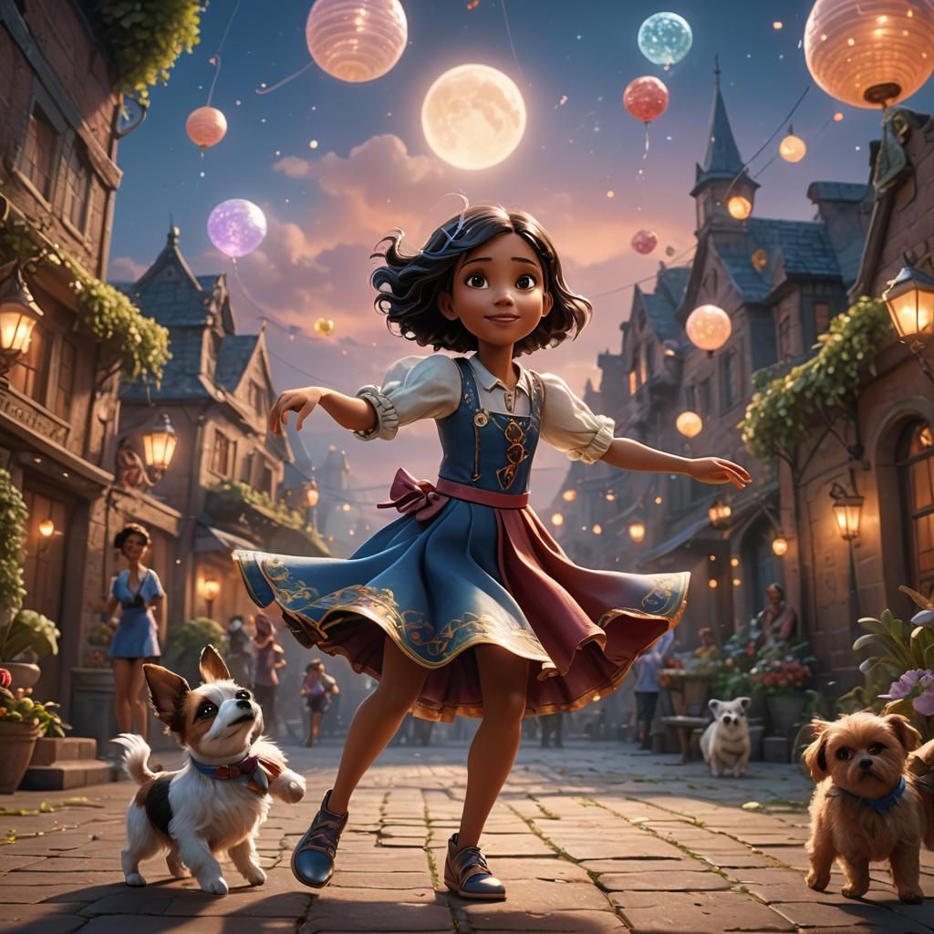 Dreamy Cartoon Girl Dancing with Dog