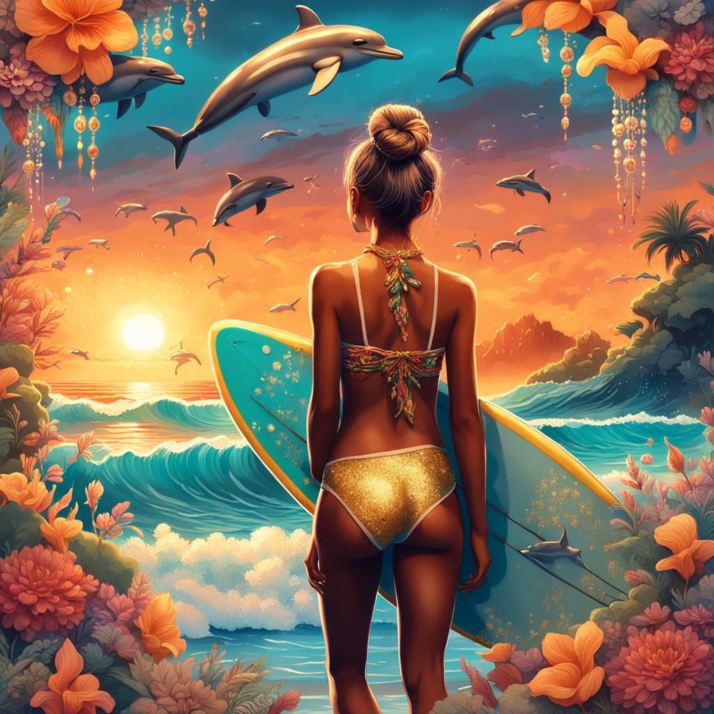 Sparkling Sunset Beach with Surfer Girl: Fantasy Art