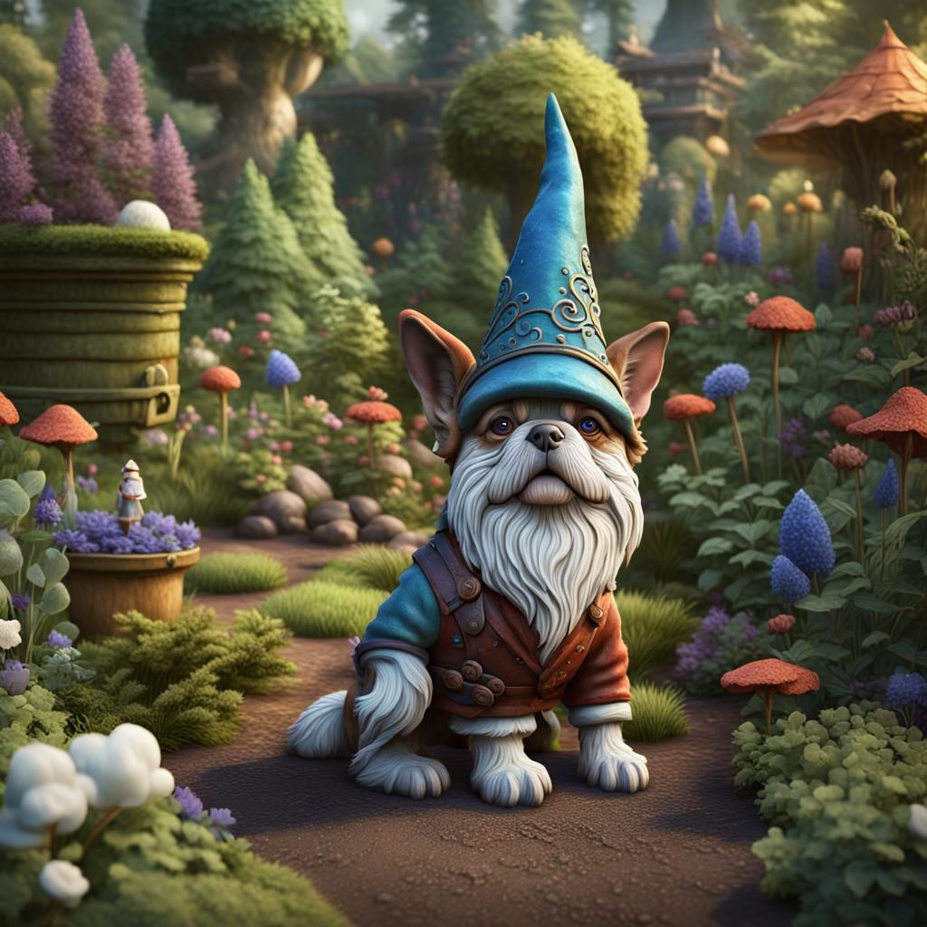 Clay Dog Gnome in Garden: Detailed Fantasy Art