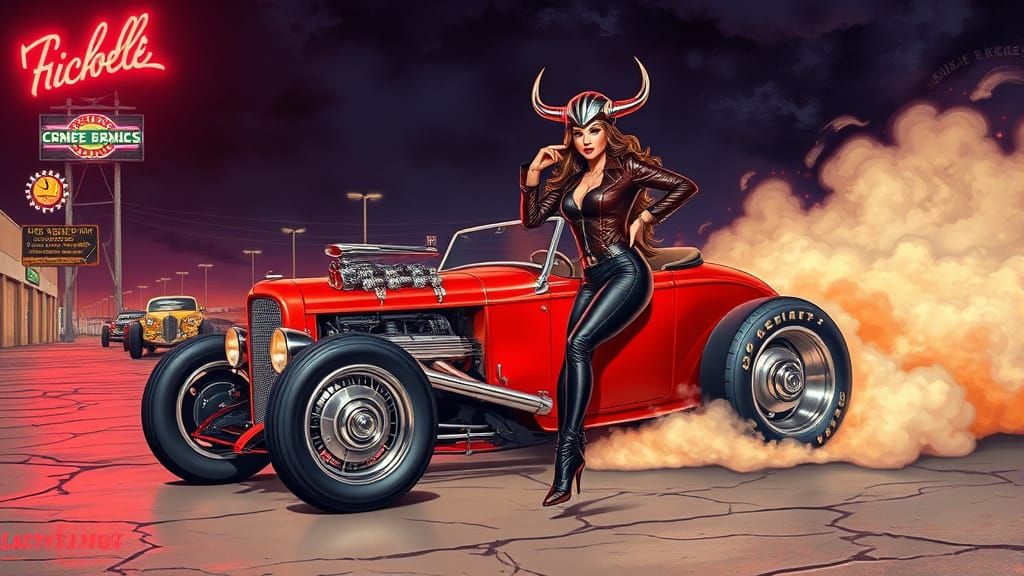 Sultry Pinup Girls in High-Octane Hot Rods Under Neon Night ...