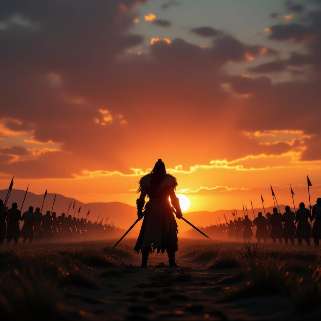Lone Warrior Silhouetted Against Fiery Sunset