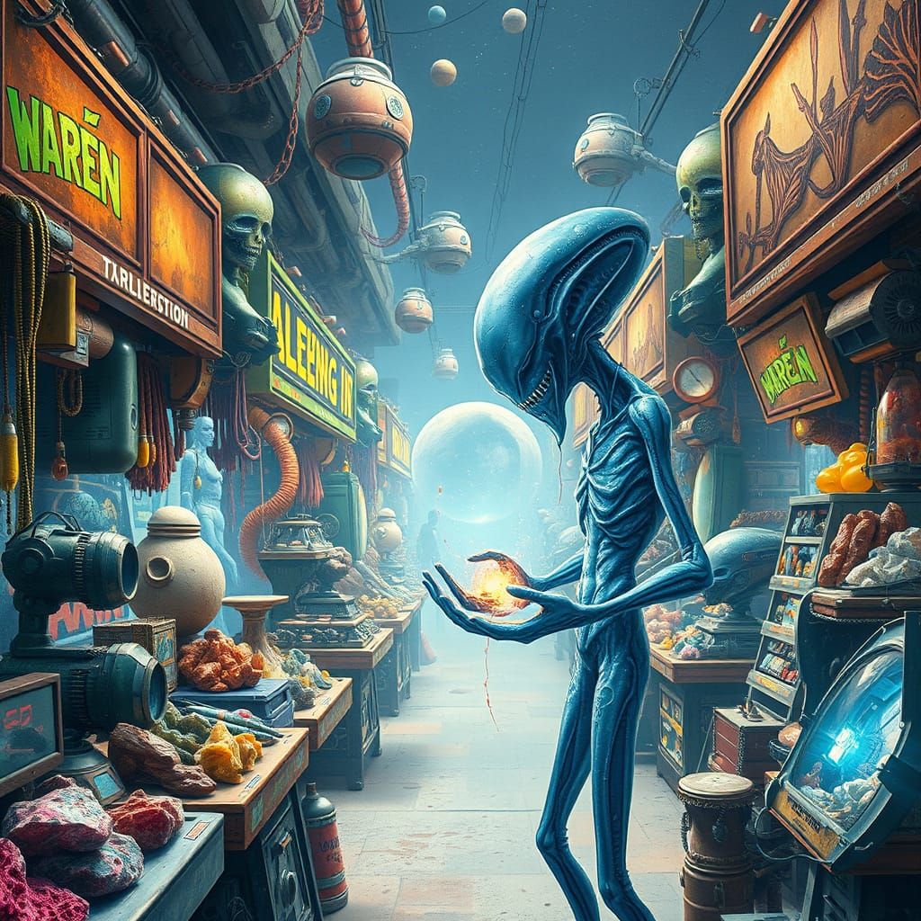 Vibrant Alien Market in Zero-Gravity, Steampunk Style