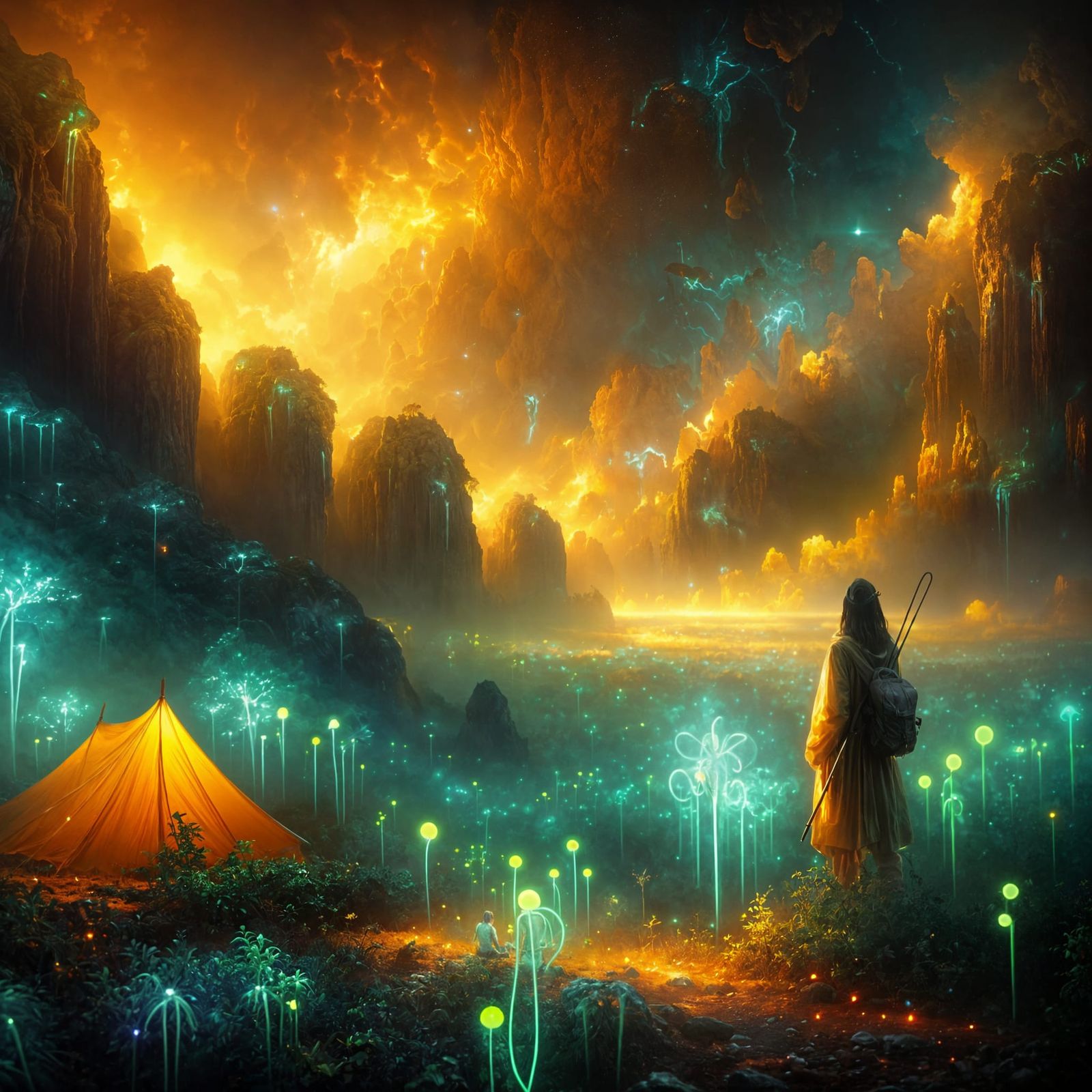 Alien Planet Camping: Expressionistic Oil Painting with Biol...