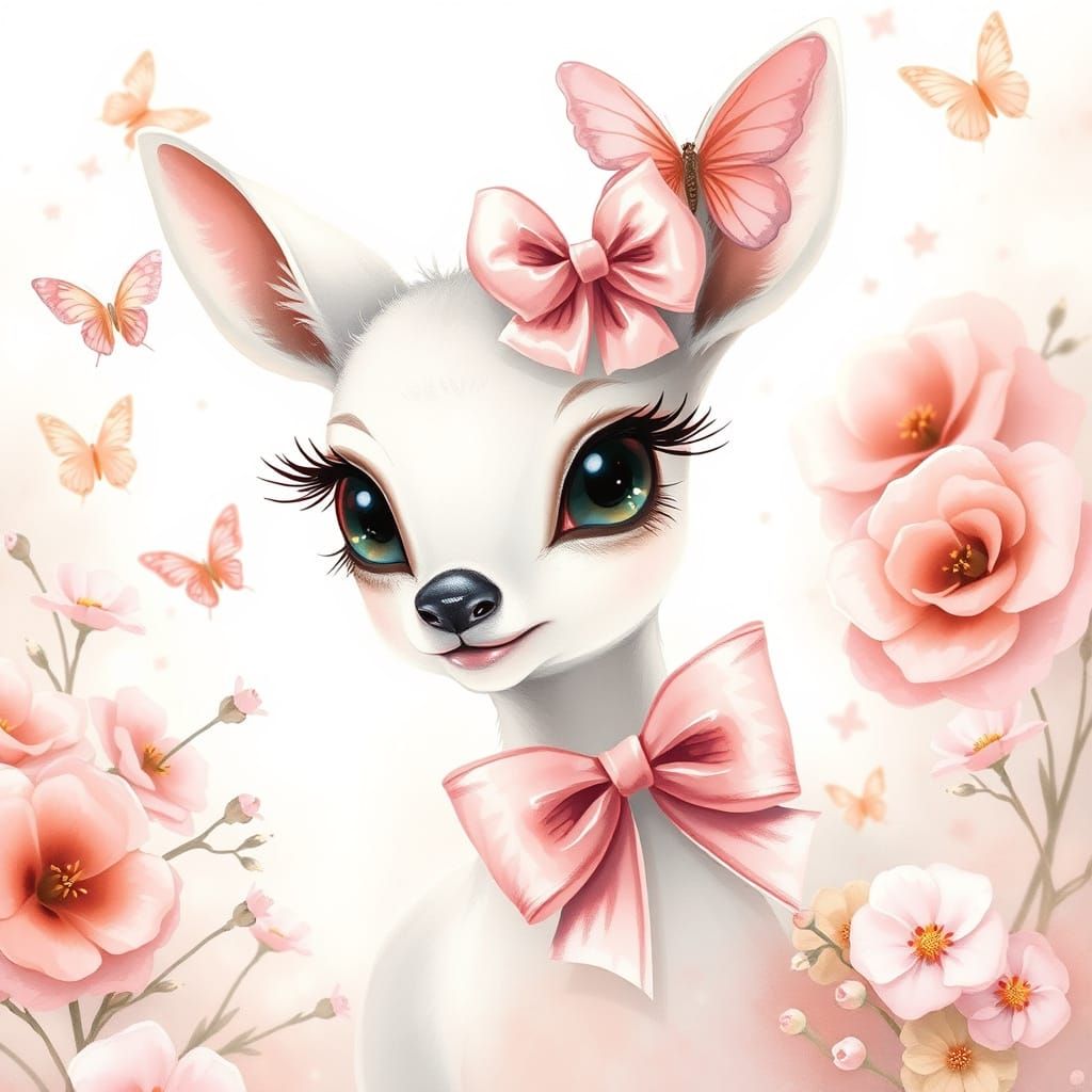 Dreamy Deer with Pink Bow in Watercolor Style