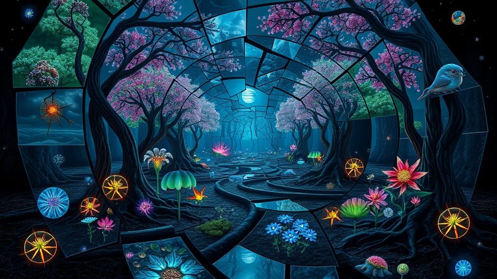 Surreal Labyrinth of Mirrors Reflecting Dreamlike World