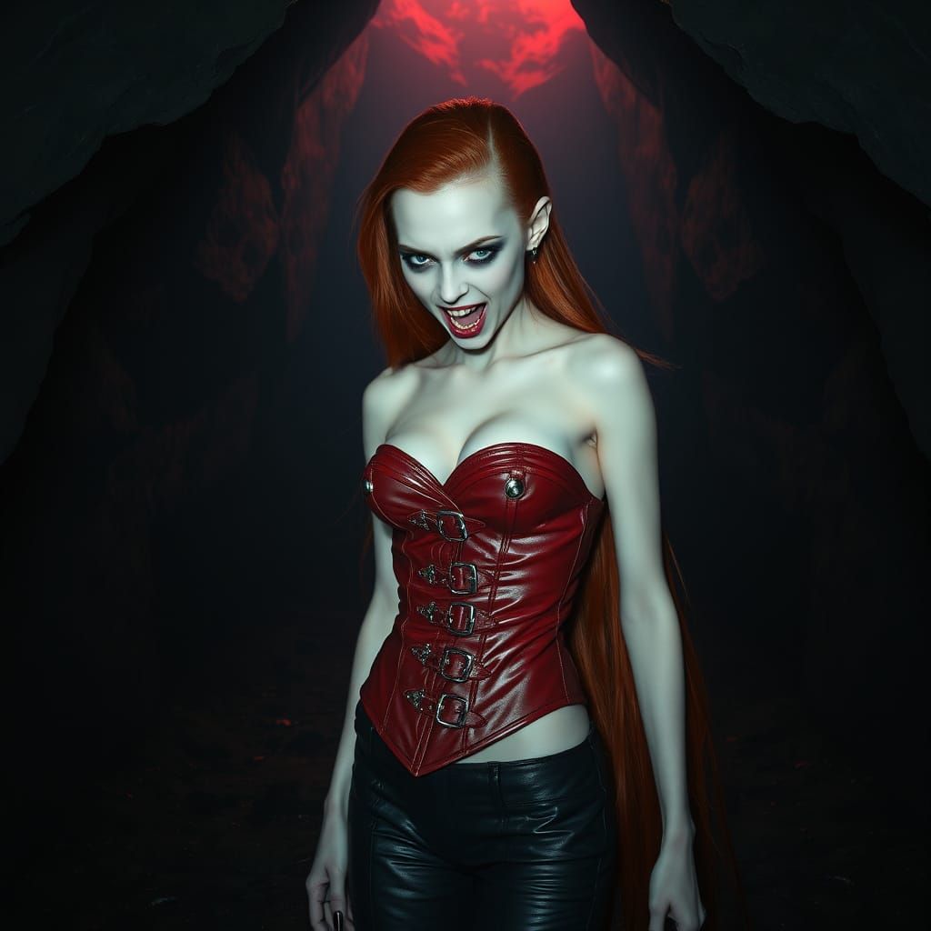 Vampire Goddess in Red Leather Corset with Razor-Sharp Fangs