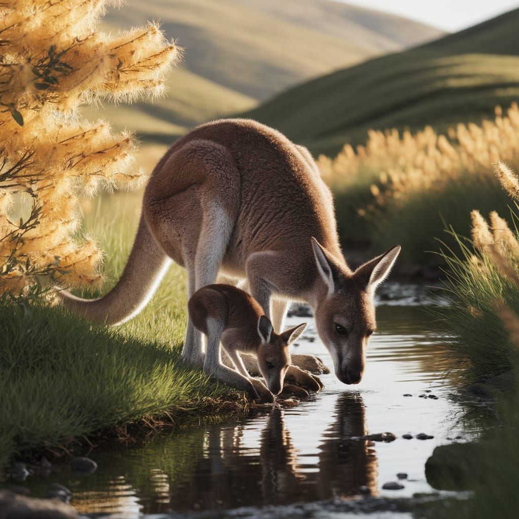 Kangaroos and Joeys Eating Golden Wattle in Savanna