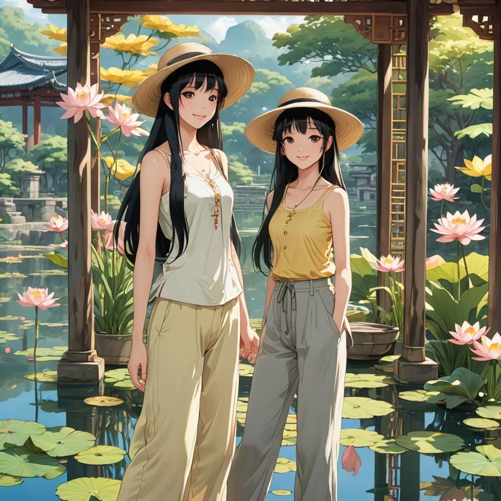 Anime Girl with Lotus Flowers, Cel-Shaded Style