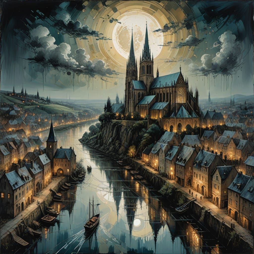 Medieval Cathedral Village in Moonlight, Impasto Oil Paintin...