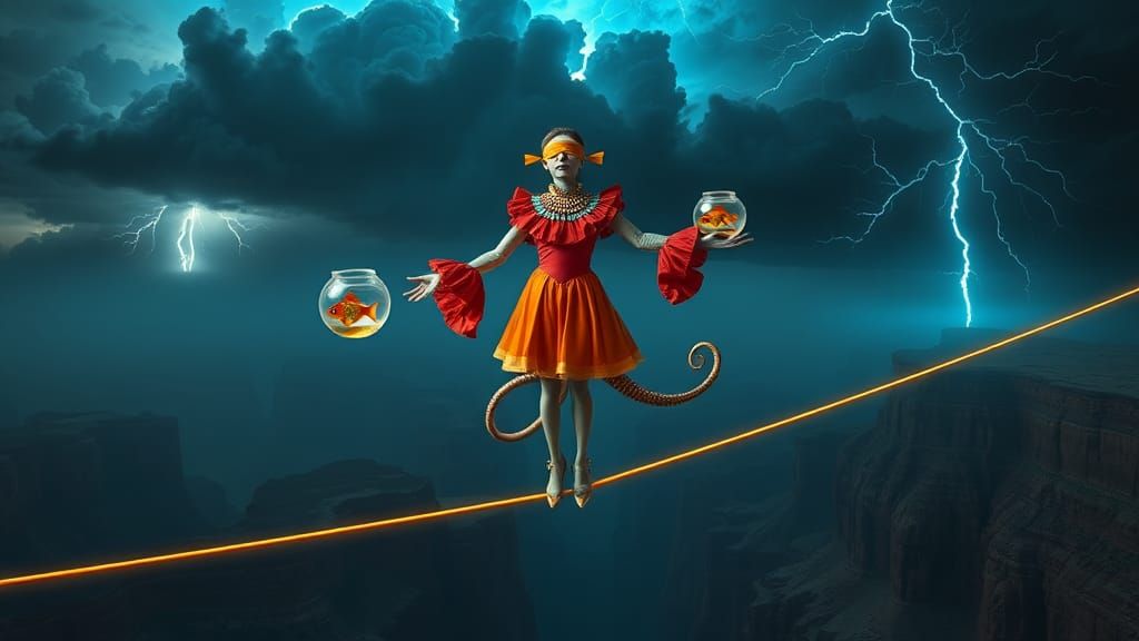Alien Acrobat Balances Fishbowls in Surrealist Landscape