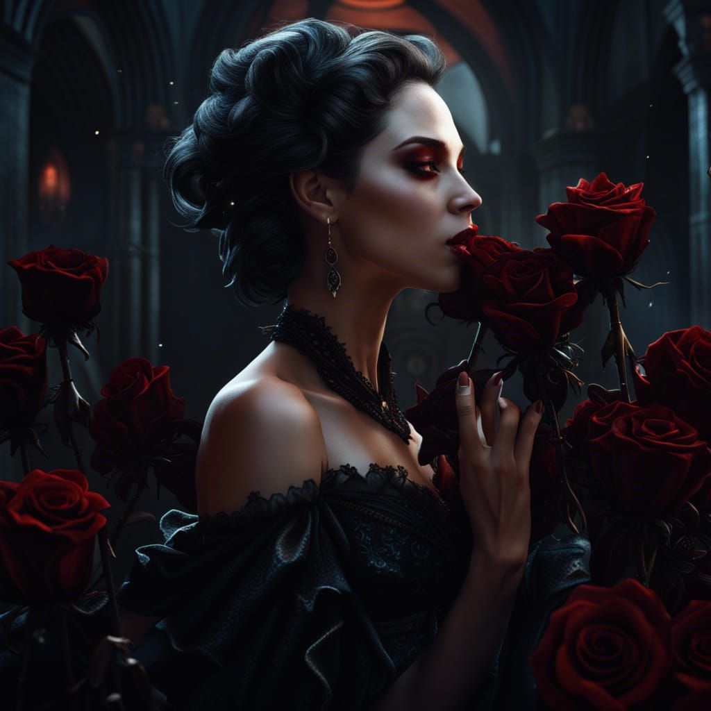 Vampire Woman Kissing Black Roses: Detailed Matte Painting
