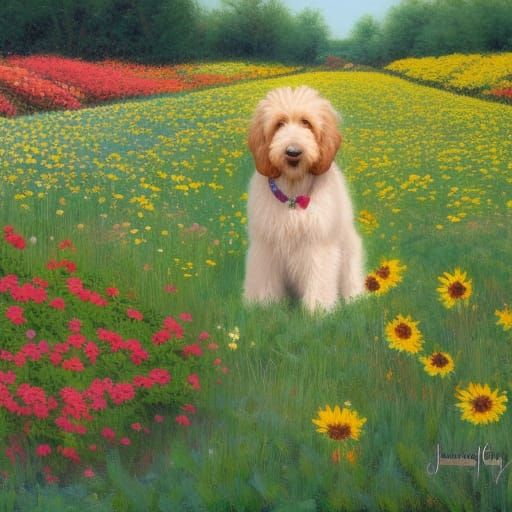 Golden Doodle in Flower Field: Oil Painting