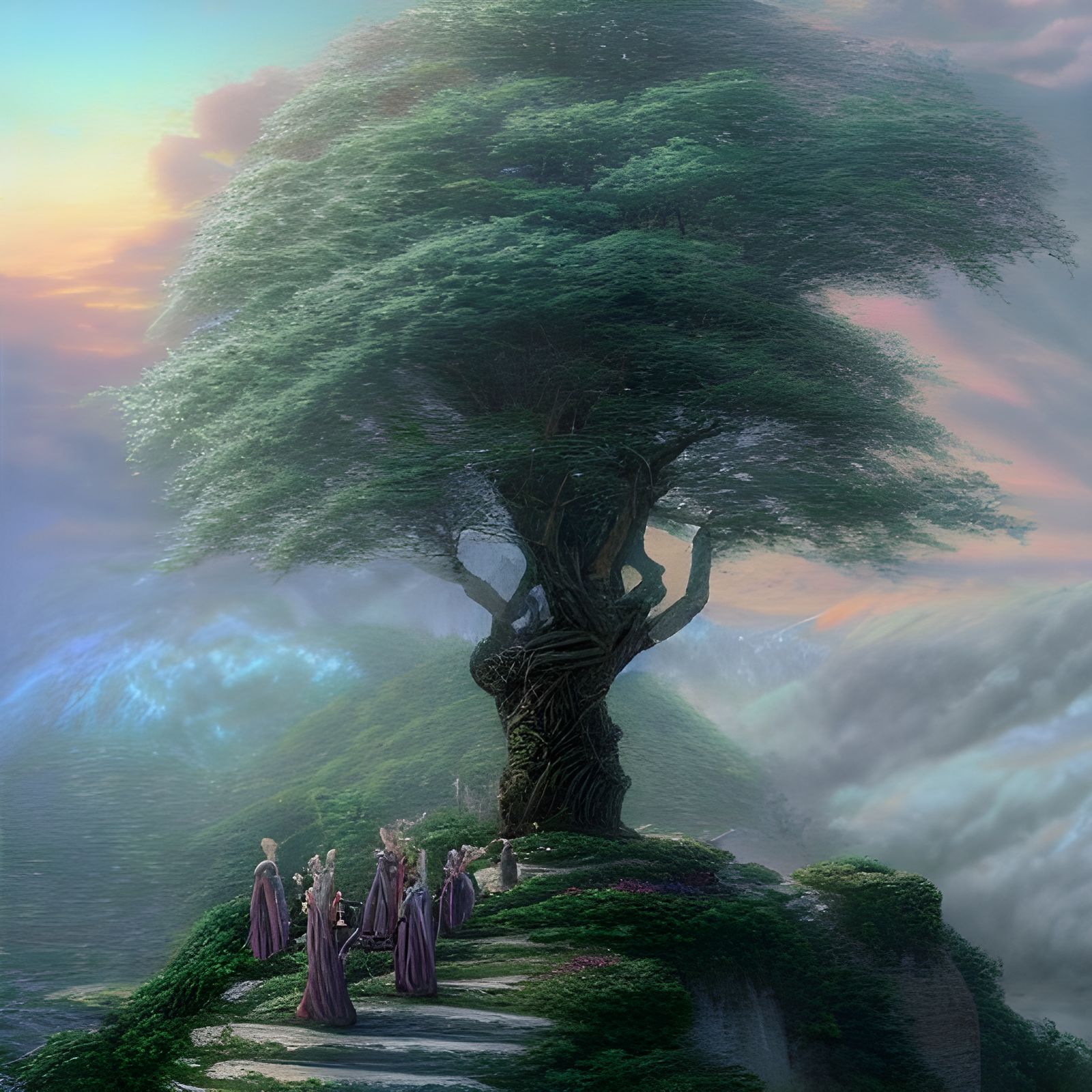 Tree of Numenor with Elves in Ethereal Fantasy Style