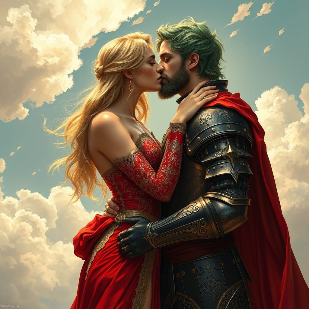 Blond Knight in Ethereal Kiss with Greek God of the Skies