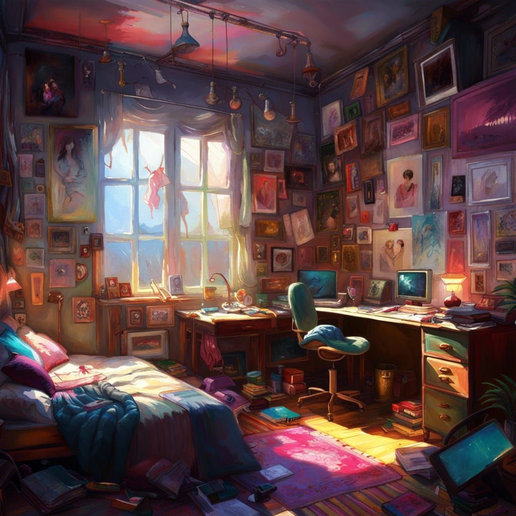 Late 80s Teen Bedroom in Detailed Triadic Colors