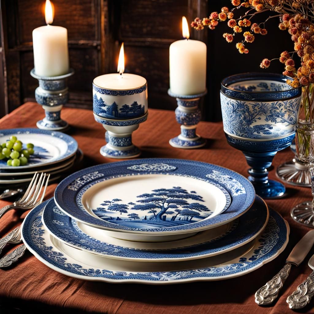 Vintage Blue Willow Plate with Autumn Farm Pattern