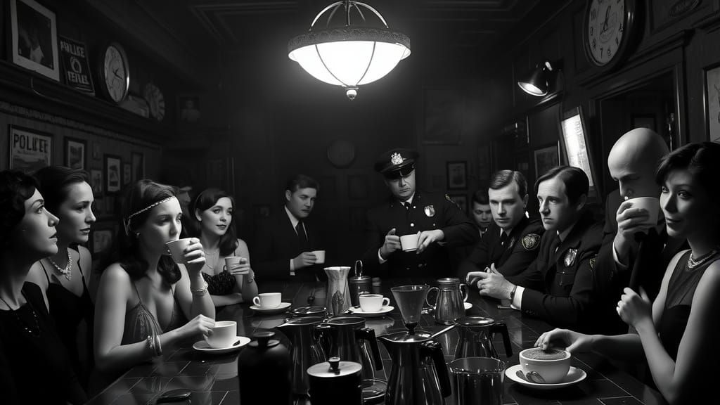 1920s Speakeasy Raid in Film Noir Style