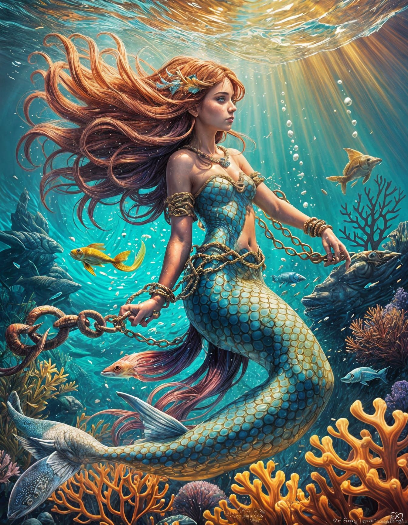 A Siren Trapped by a Fisherman in Vibrant Triadic Colors