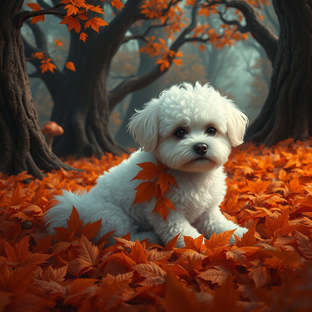 Maltipoo in Autumn Leaves, Detailed Matte Painting